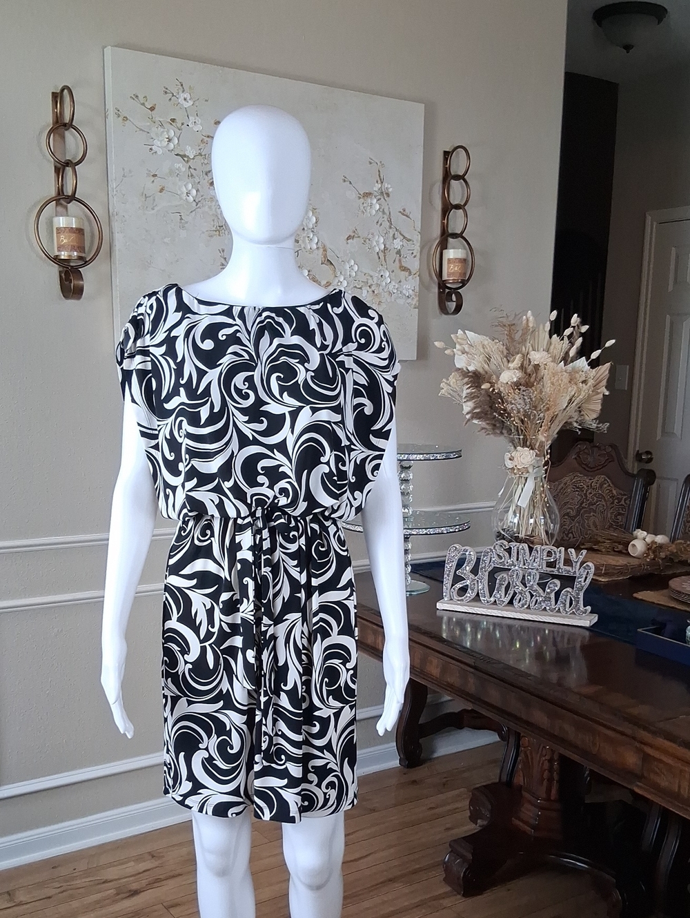 Black & White Swirl Print Tie-Waist Women's Seummer Dress Size 6 Small
